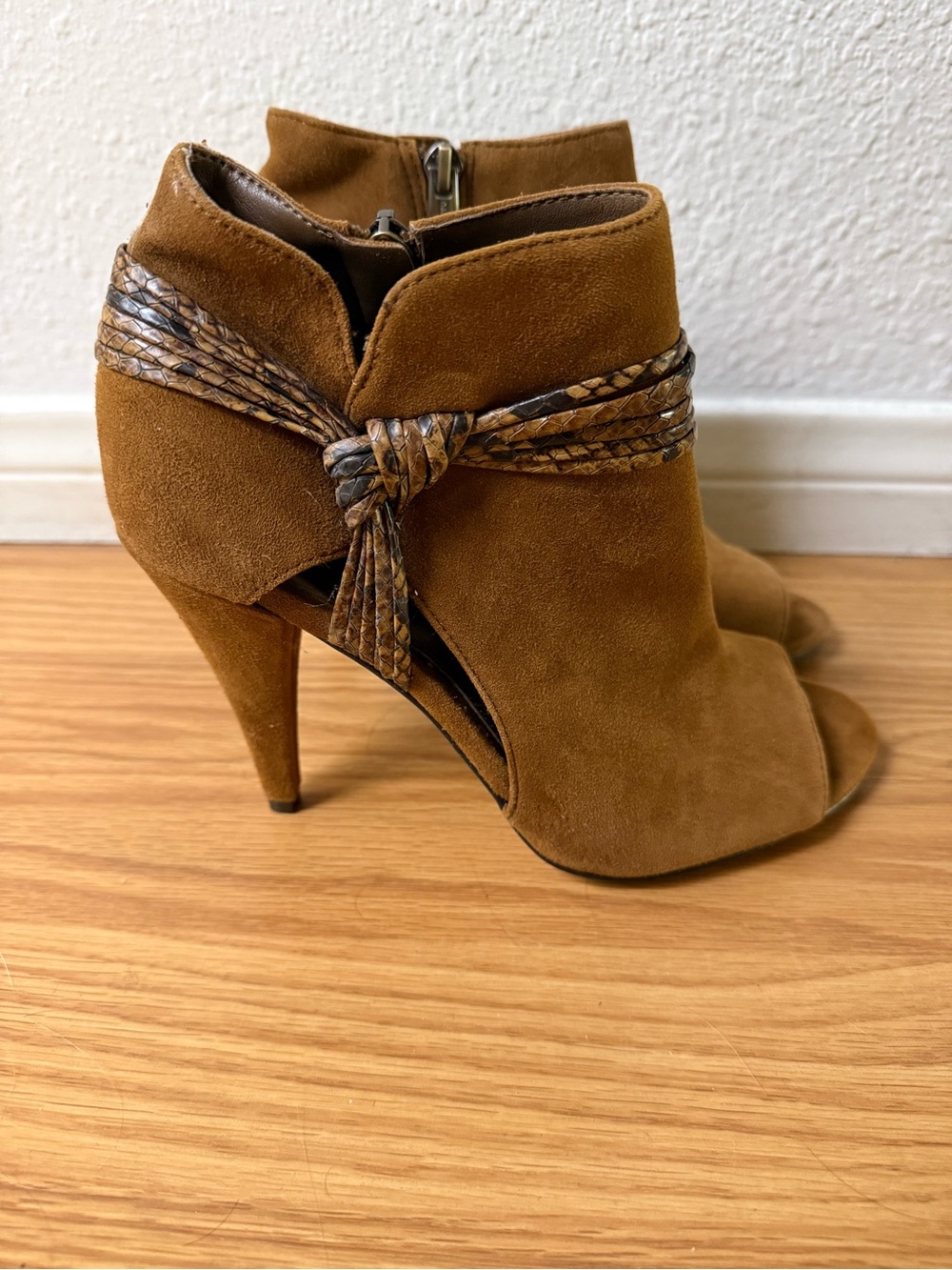 Vince Camuto Brown Suede Peep-Toe Knot Heel Booties